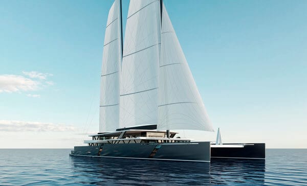 sea voyager 223 concept catamaran front view with sails up