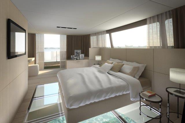 picchio boat concept catamaran master stateroom with glass bottom floor