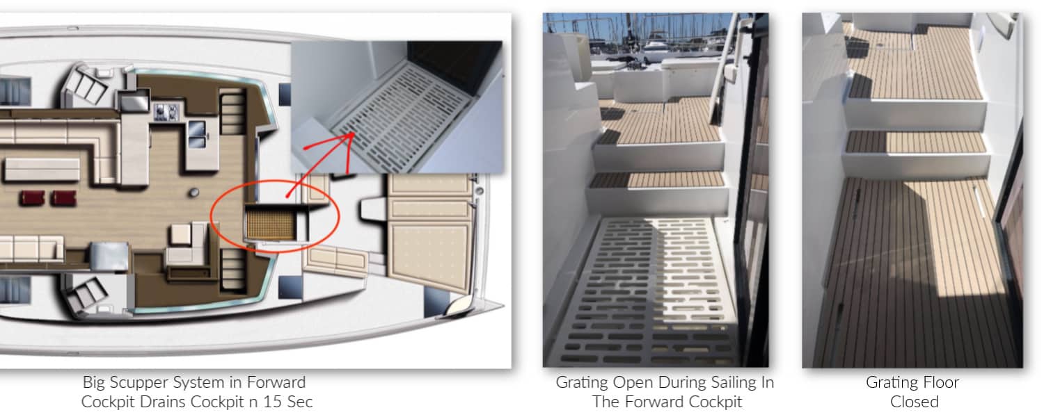 Bali 5.4 catamaran scupper system