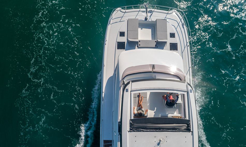 looking down throught sun roof into flybridge of fountaine pajot my40