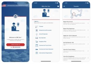 screen shots of cpb one app that helps travelers including sailors enter the US more quickly and easily