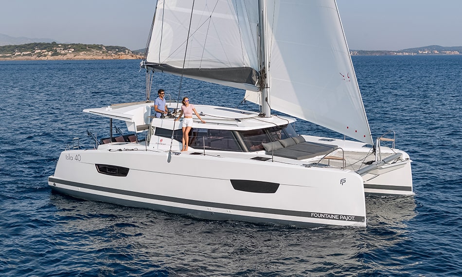 starboard profile of a FP Isla 40 catamaran sailing | The Catamaran Gurus starboard profile of a FP Isla 40 catamaran sailing