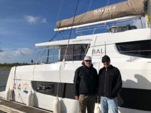catamaran guru owners take position of a bali 4.4 in marans, france, at the bali factory