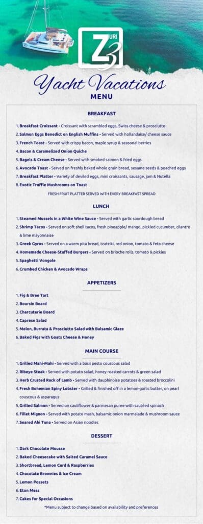 Zuri itinerary and menu final 2 | The Catamaran Gurus
