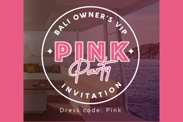 Pink Party Invitation graphic with 'PINK Party' text in a circular logo, Bali Owner's VIP, pink dress code, set over a yacht at sea.
