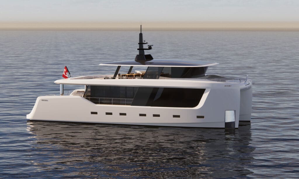 White luxury yacht on calm blue water, Canadian flag fluttering at the stern, sleek modern design and large windows.