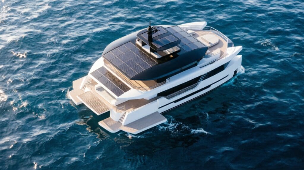 White luxury motor yacht with solar panels on the top deck cruising blue ocean water.