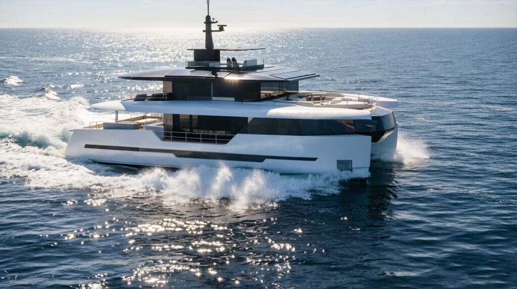 White luxury motor yacht cruising through sunlit blue ocean with spray at the bow and reflections on the water surface, horizon in view.